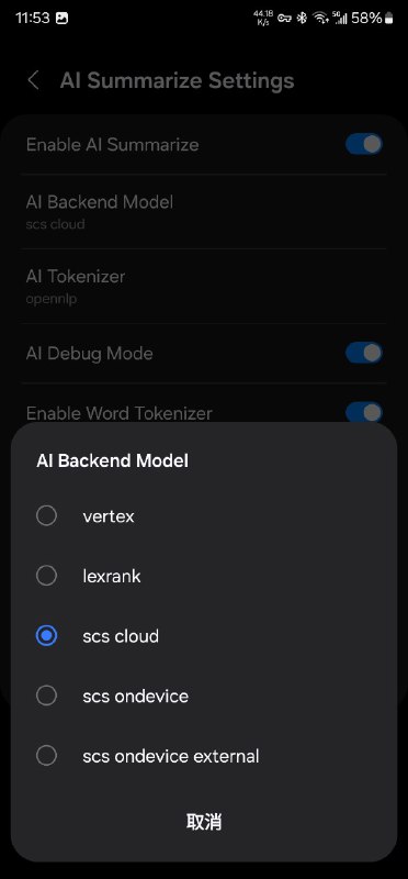 刚刚发现Galaxy AI网页摘要有些自定义选项，同样是internet://debug/，设置，Debug settings，接下来点击Single module tests，AI Summarize Settings