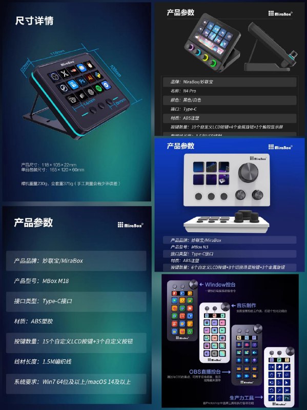 国产Stream Deck？价格只要四分之一？无意间看到一家叫妙联宝MiraBox的厂家也在做知名桌搭Stream Deck，是第一家对标Elgato的，不止产品像，甚至英文名就叫Stream Dock，我也是买了个对标MK2（$120）的M18（￥260）玩玩，玩了一周后发现Stream Deck有的功能这东西几乎都有，像我平时用到的OBS、PS、PR、Ai等快捷键支持，媒体控制也支持Spotify，可以一键打开网页，一键切换副屏，启动关闭应用，监控信息，甚至Home Assistant也是支持的
